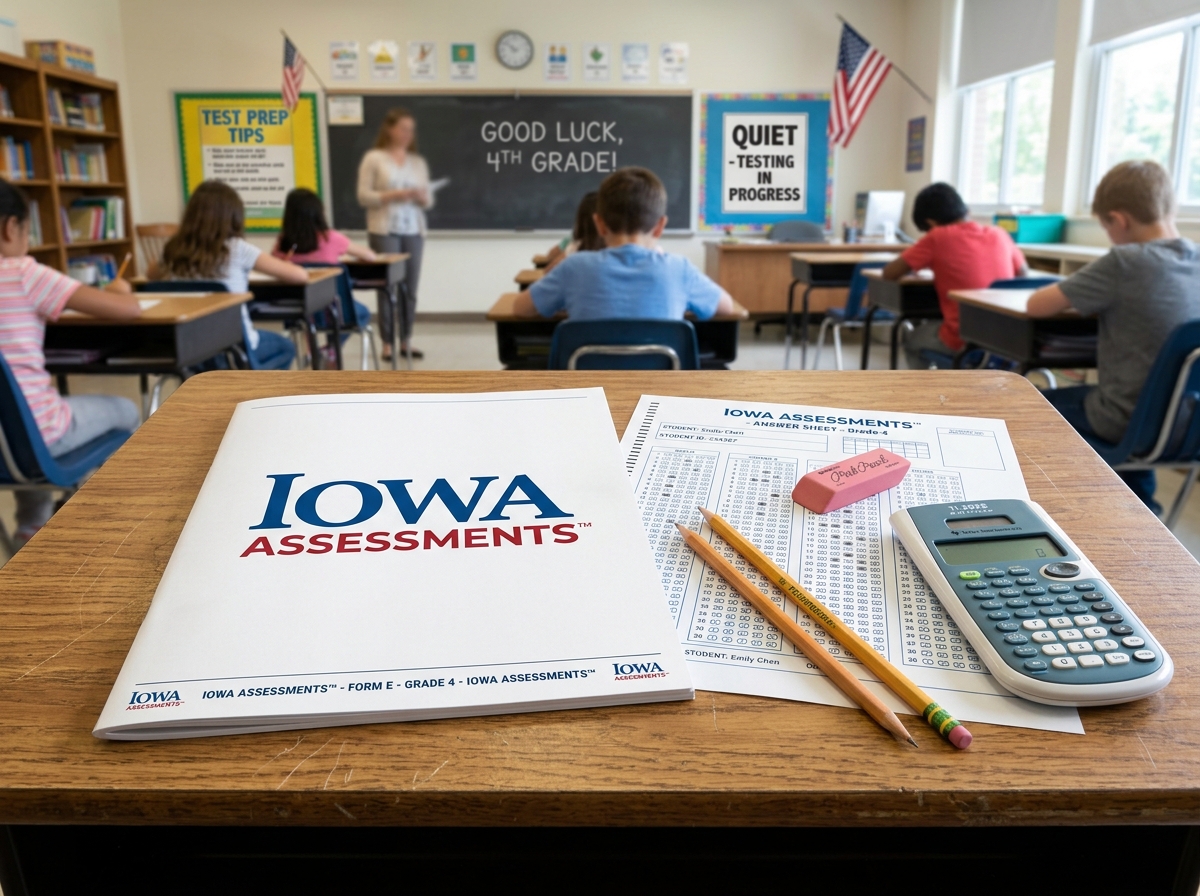 Iowa Assessments logo and testing materials on a desk - itbs online practice test