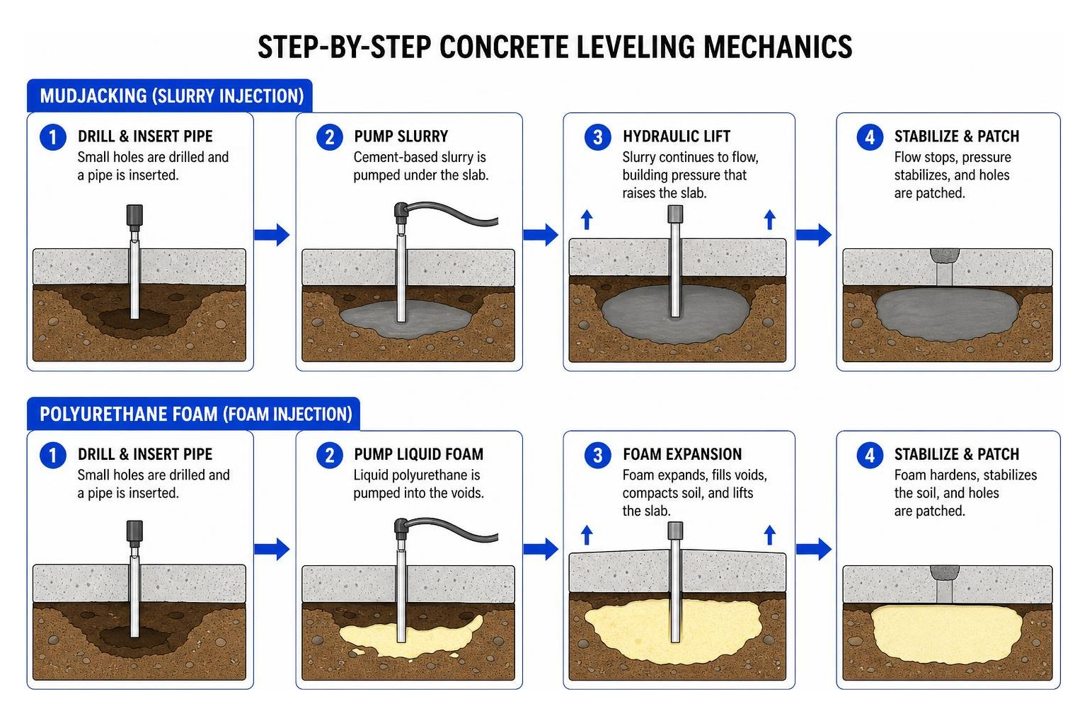 Step by step concrete leveling mechanics diagram Step by step concrete leveling mechanics diagram