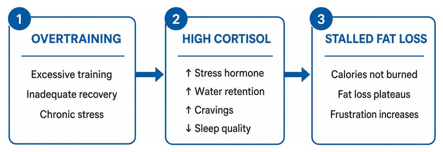 diagram showing the relationship between overtraining, high cortisol, and stalled fat loss diagram showing the relationship between overtraining, high cortisol, and stalled fat loss