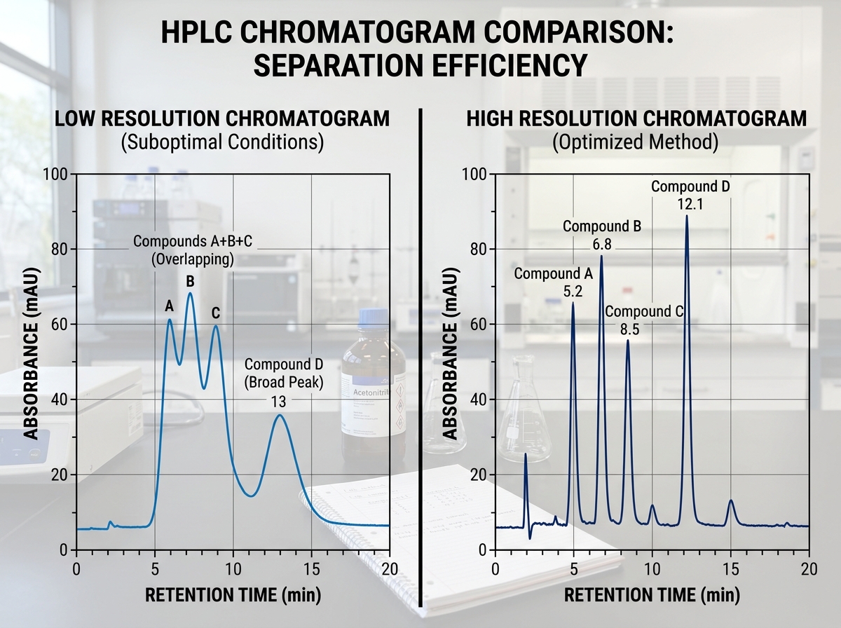 Comparison of chromatogram peaks showing high vs low resolution - peptide analysis by hplc