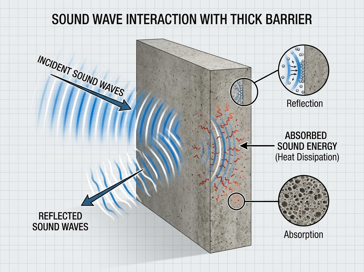 sound waves hitting a wall barrier and being absorbed or reflected - noise reduction between rooms