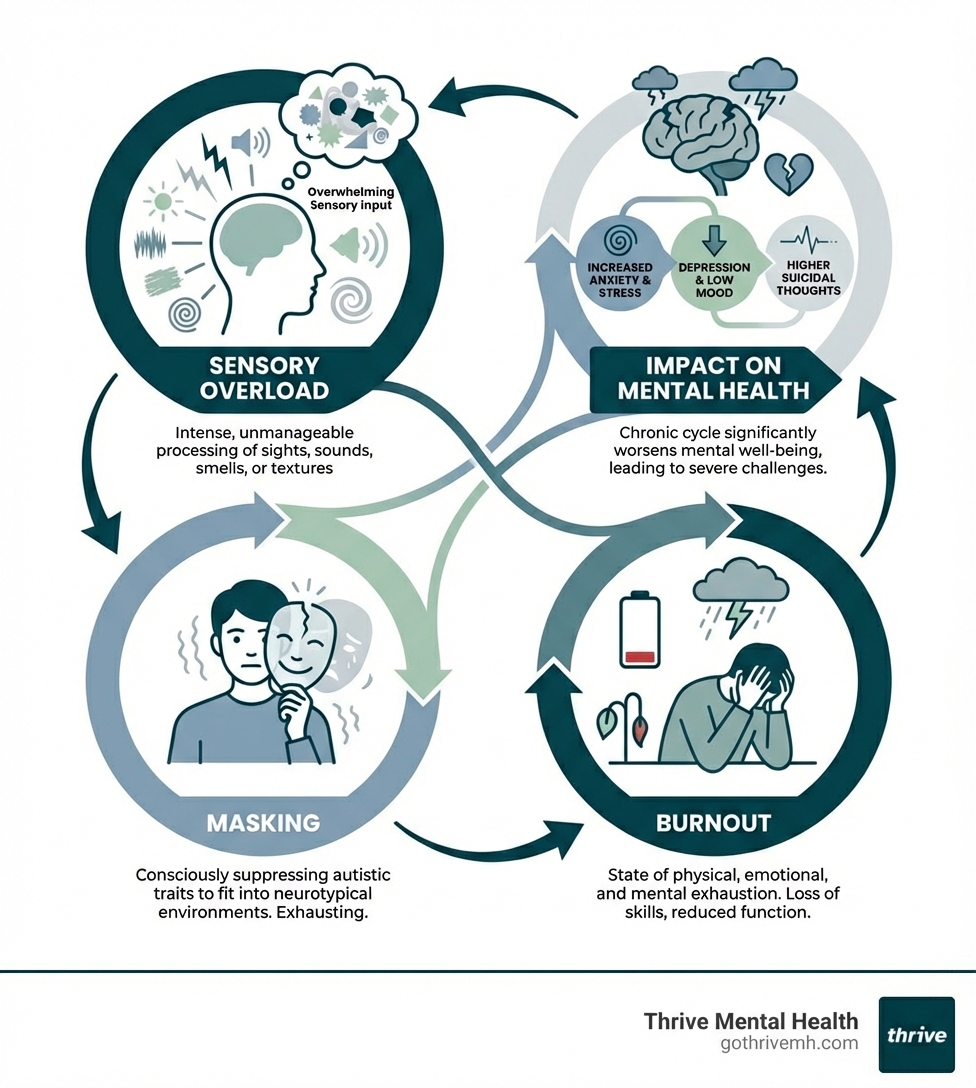 Infographic explaining the cycle of sensory overload, masking, burnout, and its impact on mental health. - autism mental health support infographic 