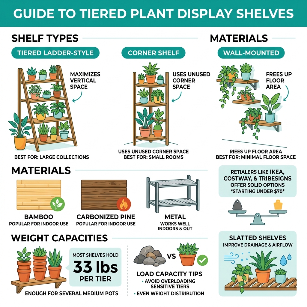 infographic showing tiered plant display shelf types, materials, and weight capacities - plant display shelf infographic infographic showing tiered plant display shelf types, materials, and weight capacities - plant display shelf infographic