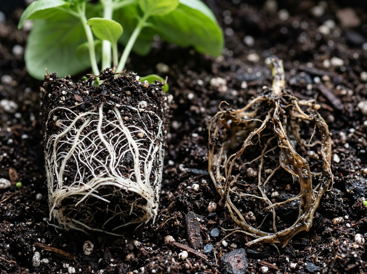 mushy brown roots vs healthy white roots - hydrogen peroxide root rot