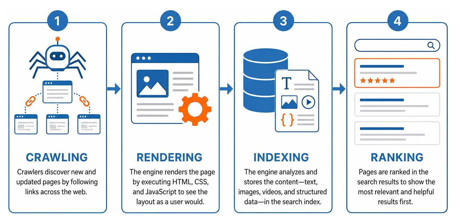 Diagram showing search engine crawling, rendering, indexing, and ranking workflow Diagram showing search engine crawling, rendering, indexing, and ranking workflow