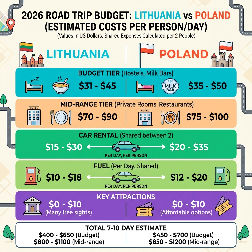 2026 cost breakdown infographic Lithuania vs Poland road trip budget - budget Lithuania Poland road adventure infographic 2026 cost breakdown infographic Lithuania vs Poland road trip budget - budget Lithuania Poland road adventure infographic