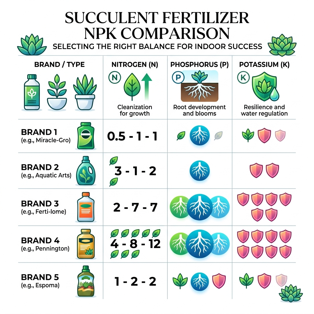 Table comparing NPK ratios: Miracle-Gro 0.5-1-1, Aquatic Arts 3-1-2, Ferti-lome 2-7-7, Pennington 4-8-12, Espoma 1-2-2