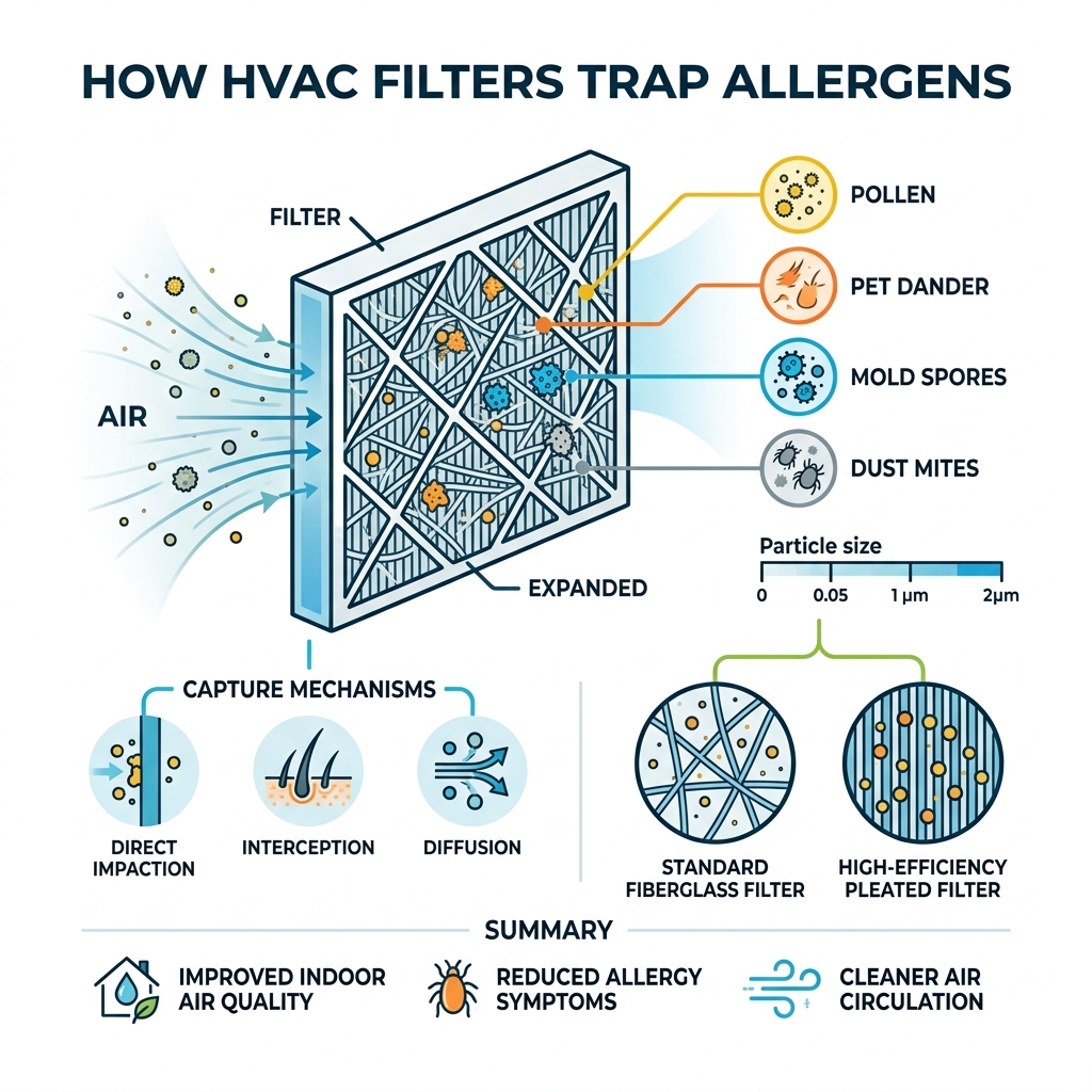 Infographic showing how HVAC filters trap allergens like pollen, pet dander, mold spores, and dust mites - HVAC filters for Infographic showing how HVAC filters trap allergens like pollen, pet dander, mold spores, and dust mites - HVAC filters for