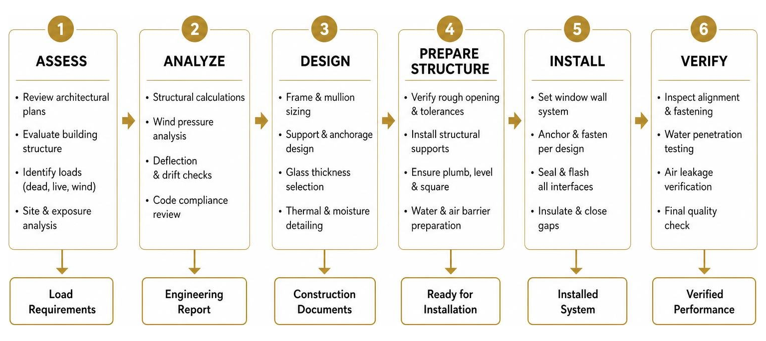 Structural engineering process for installing heavy window walls