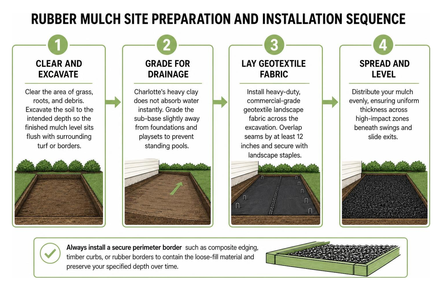 Rubber mulch site preparation and installation sequence