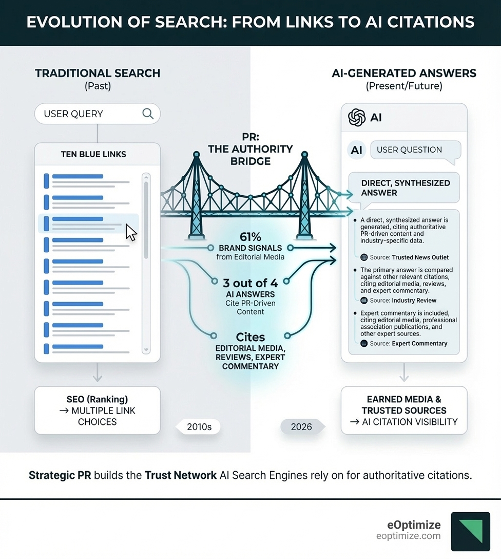 Infographic showing the evolution from traditional search results to AI-generated answers, highlighting the role of earned media and trusted sources in AI citations - does investing in pr help with ai search visibility infographic 