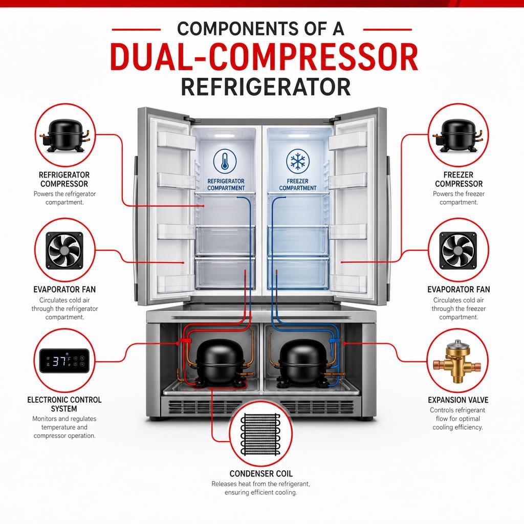 components of a dual-compressor refrigerator infographic