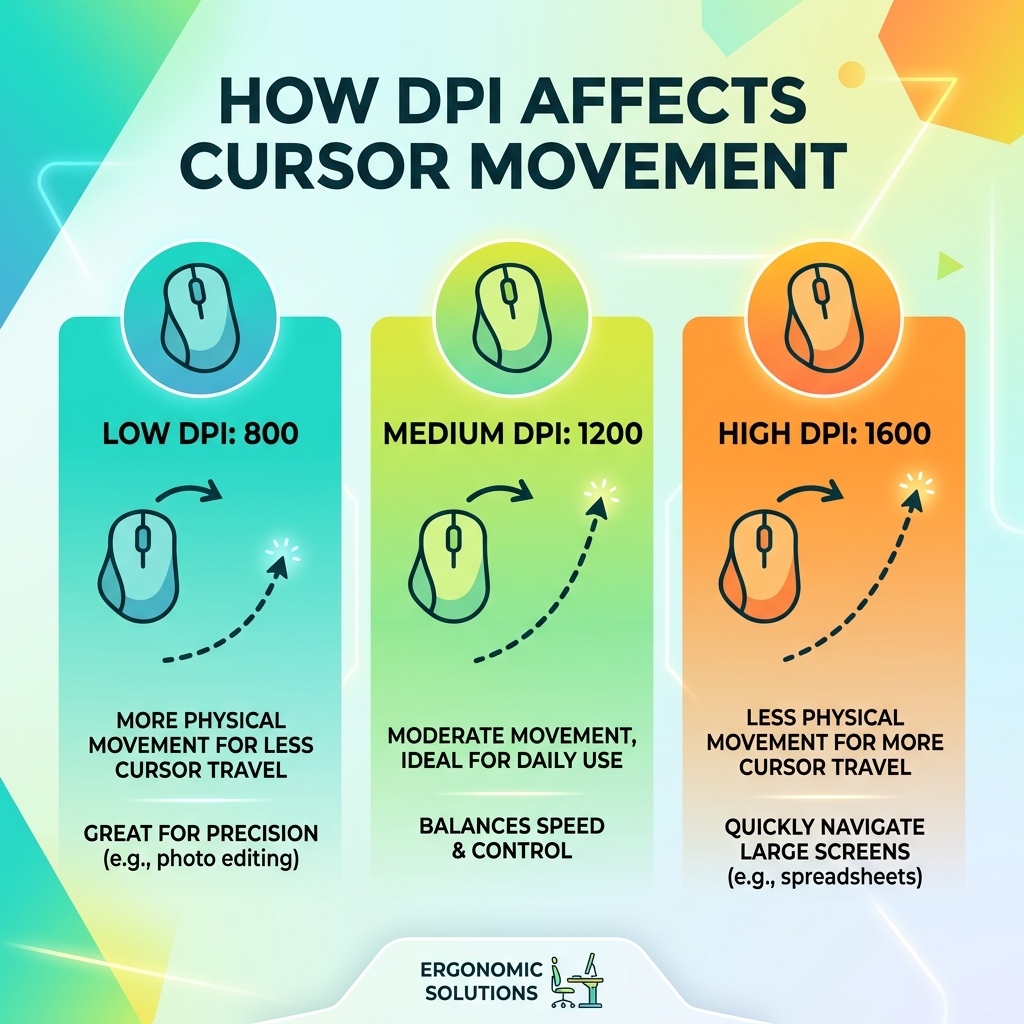 Infographic showing the 3 DPI levels (800, 1200, 1600) and how they affect cursor travel distance - ergonomic left handed