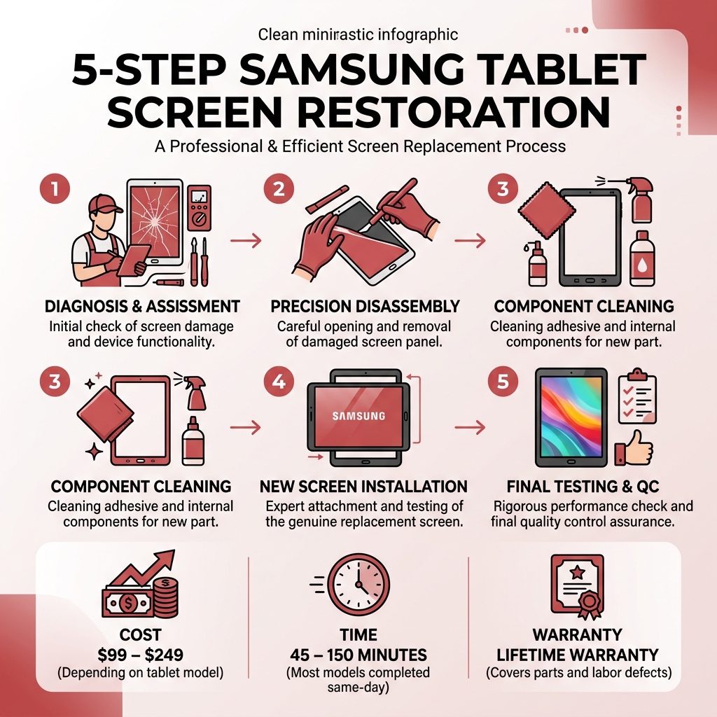 5-step Samsung tablet screen restoration process infographic with cost, time, and warranty details - Samsung screen repair