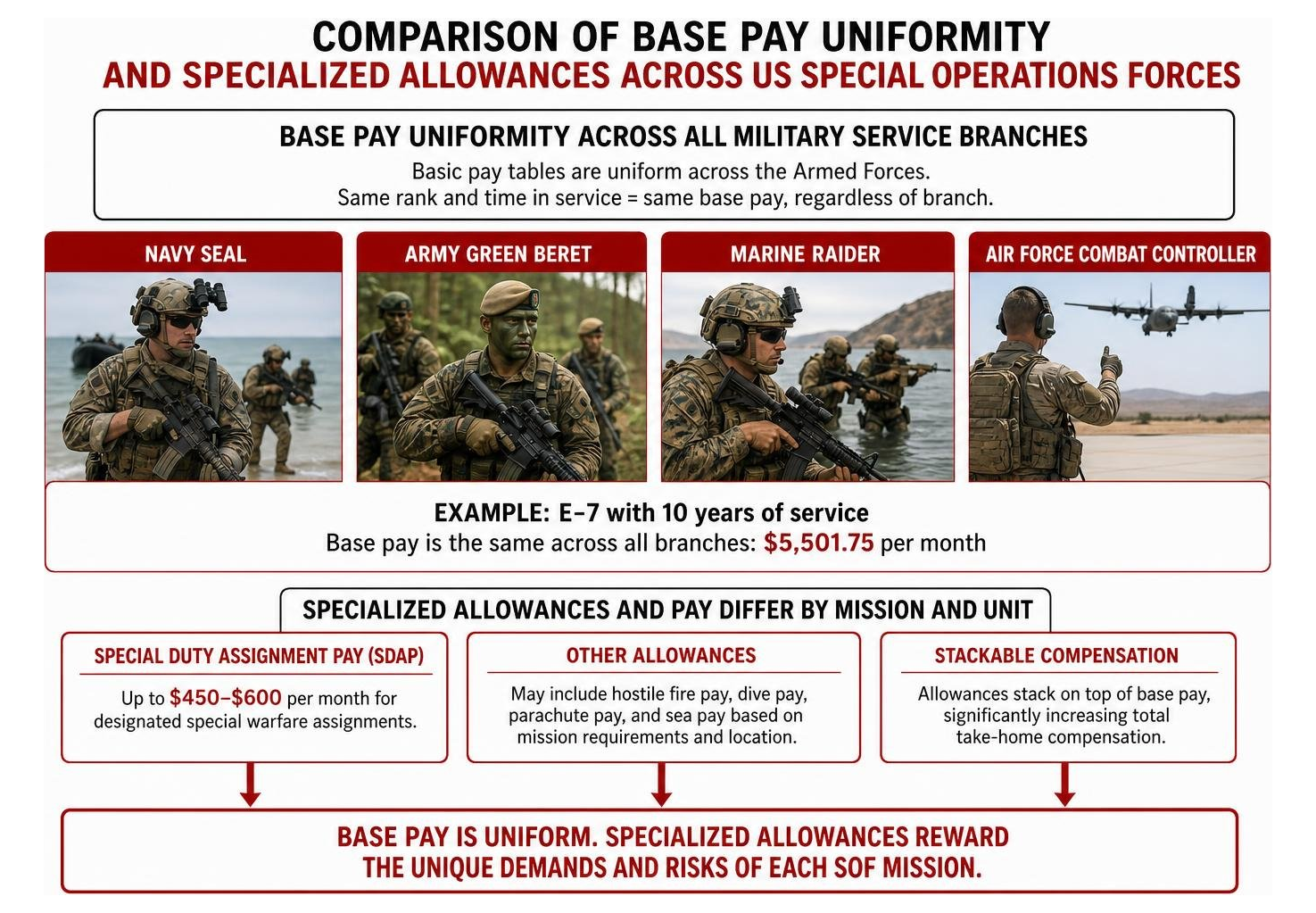 Comparison of base pay uniformity and specialized allowances across US Special Operations Forces