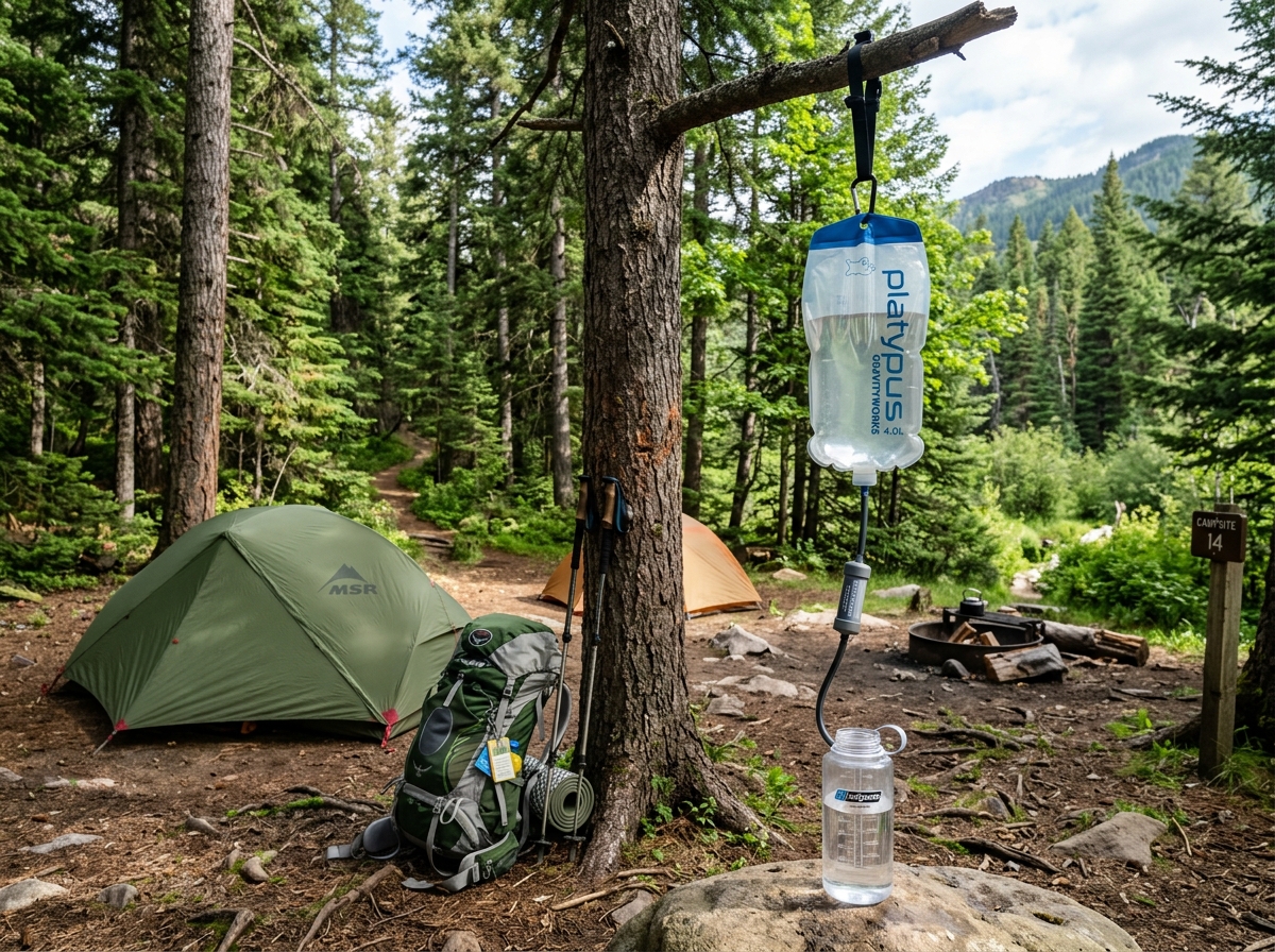 Gravity filter hanging from a tree branch at a campsite - best group camping water filter Gravity filter hanging from a tree branch at a campsite - best group camping water filter