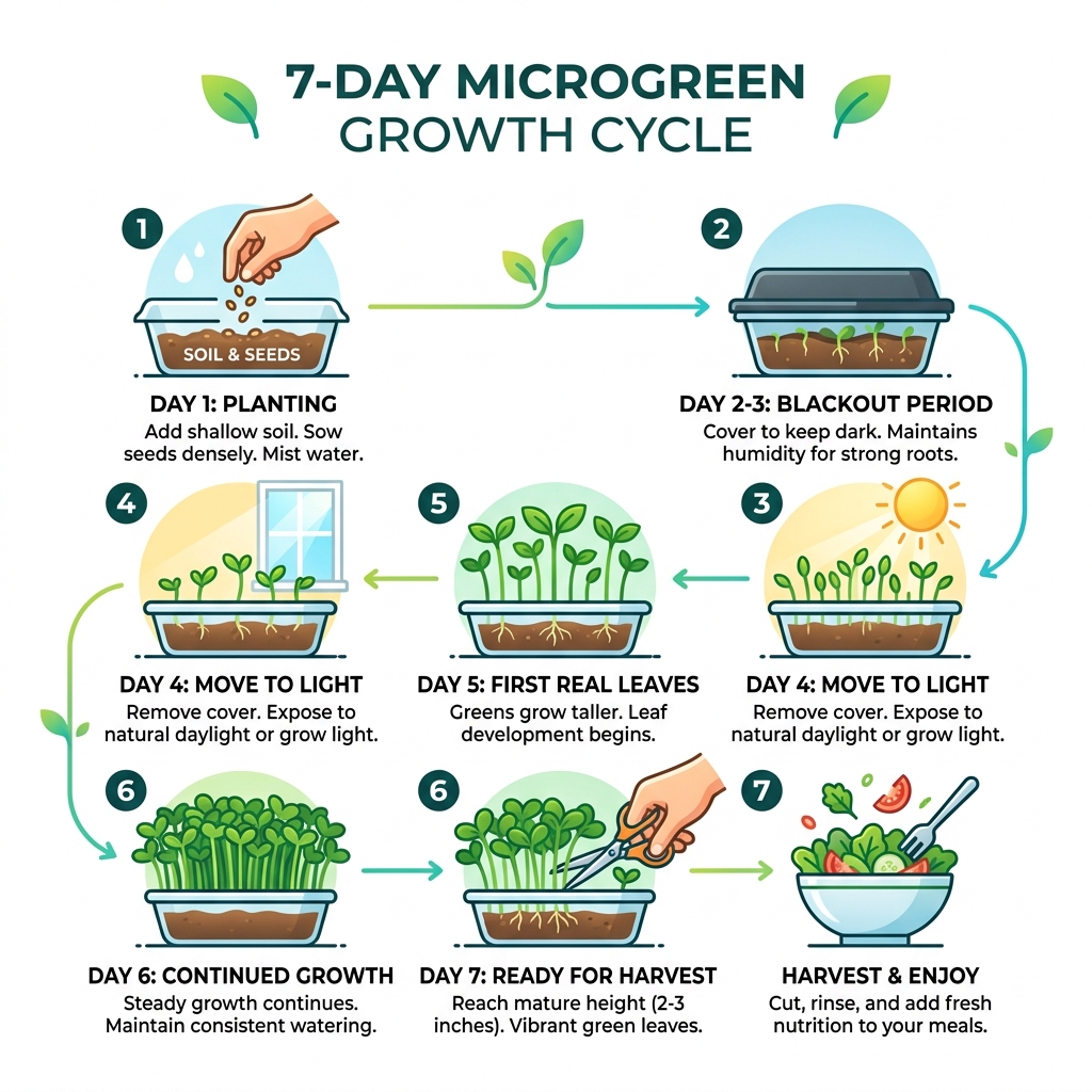 7-day microgreen growth cycle from seed to harvest infographic - homemade microgreen trays infographic 