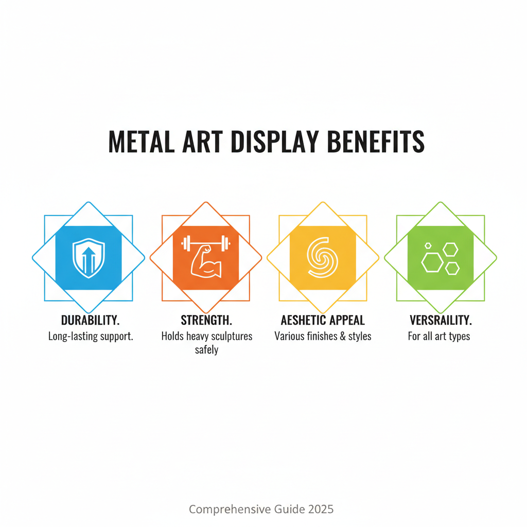 Comprehensive guide to metal art display benefits including durability for long-lasting support, strength to hold heavy sculptures safely, aesthetic appeal with various finishes and styles, and versatility for different art types from small collectibles to large installations - Metal art display infographic Comprehensive guide to metal art display benefits including durability for long-lasting support, strength to hold heavy sculptures safely, aesthetic appeal with various finishes and styles, and versatility for different art types from small collectibles to large installations - Metal art display infographic
