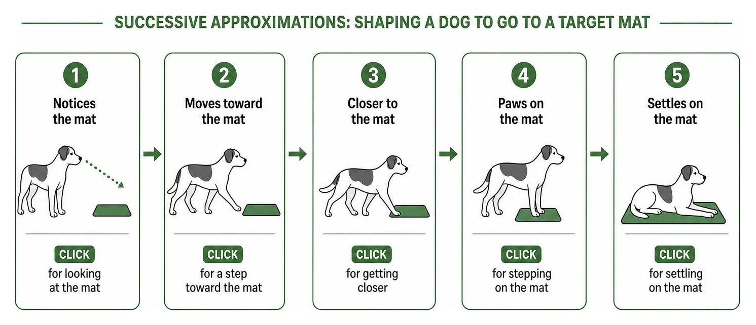 Diagram showing successive approximations shaping a dog to go to a target mat Diagram showing successive approximations shaping a dog to go to a target mat