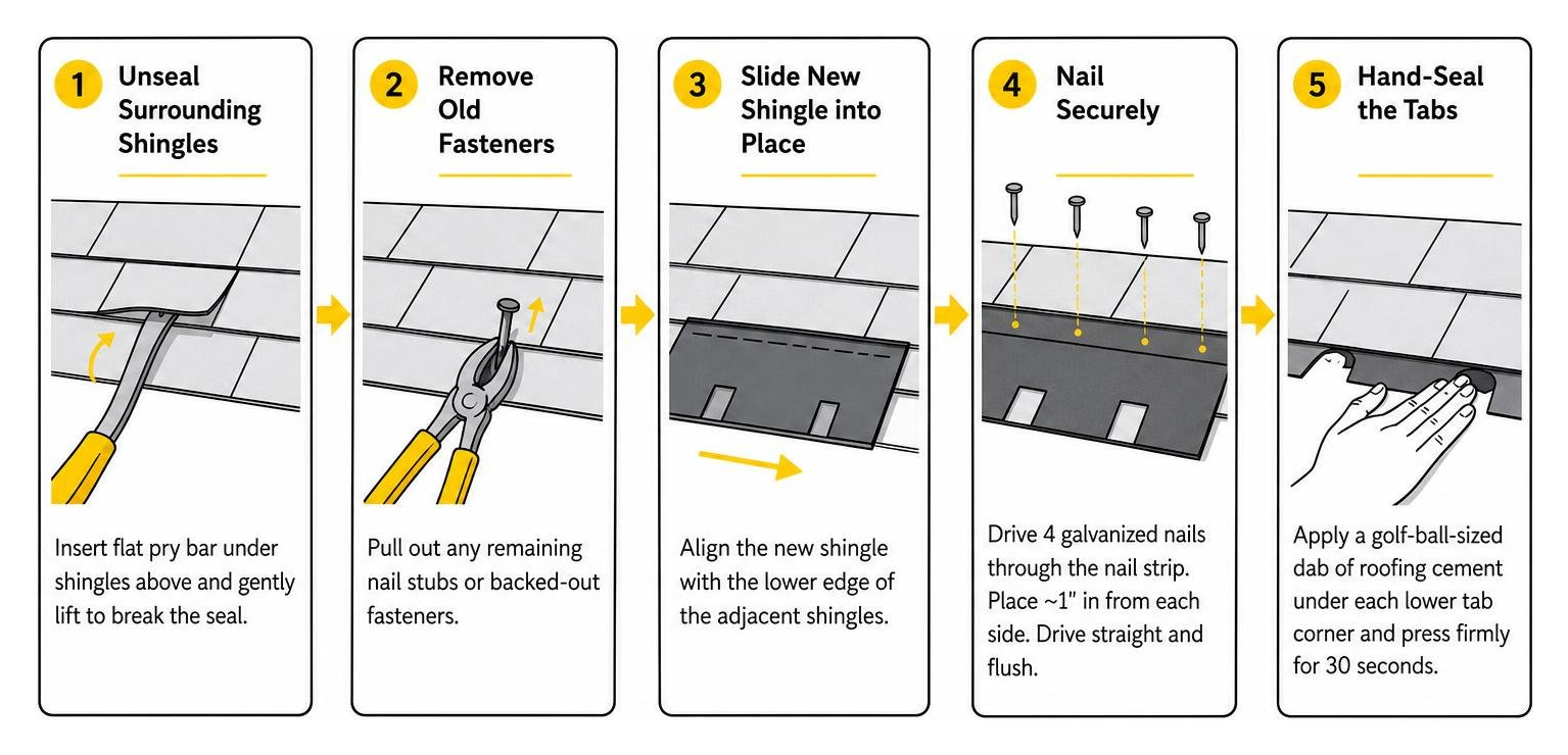 Step-by-step process of removing old nails, sliding in a replacement shingle, and hand sealing tabs Step-by-step process of removing old nails, sliding in a replacement shingle, and hand sealing tabs