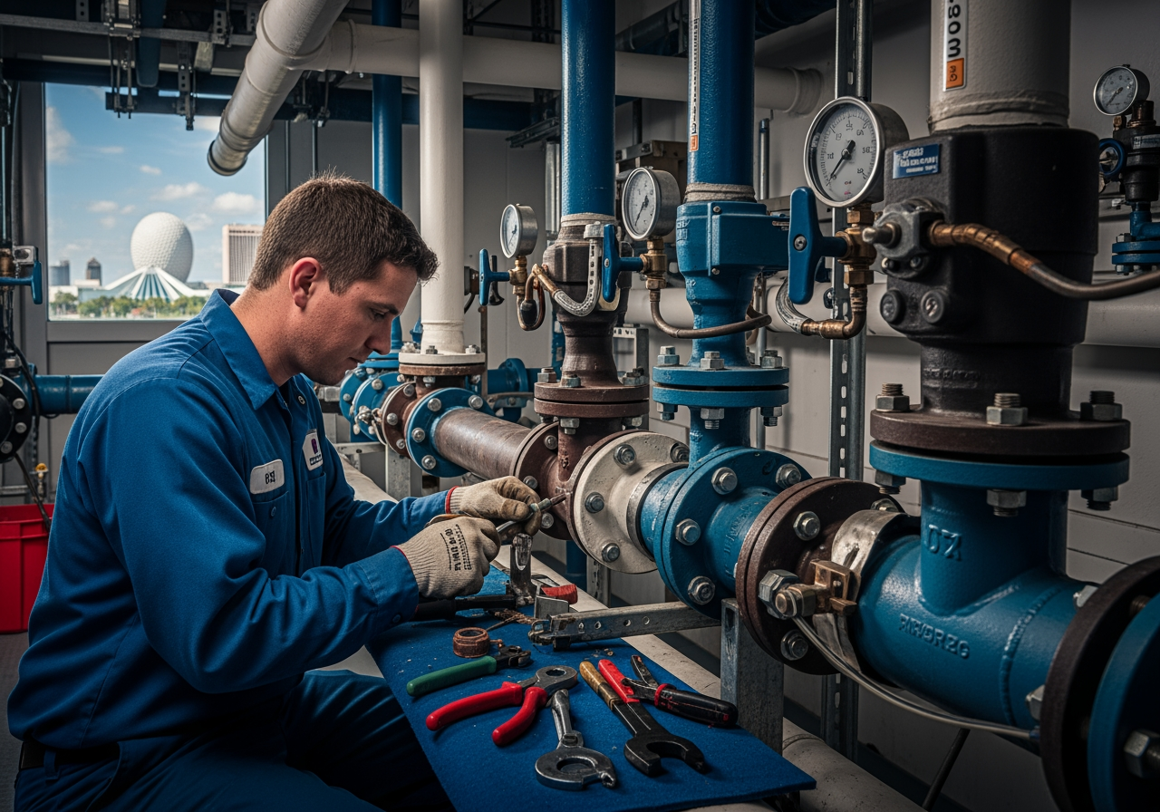 technician in a blue uniform repairing a commercial pipe system in Orlando