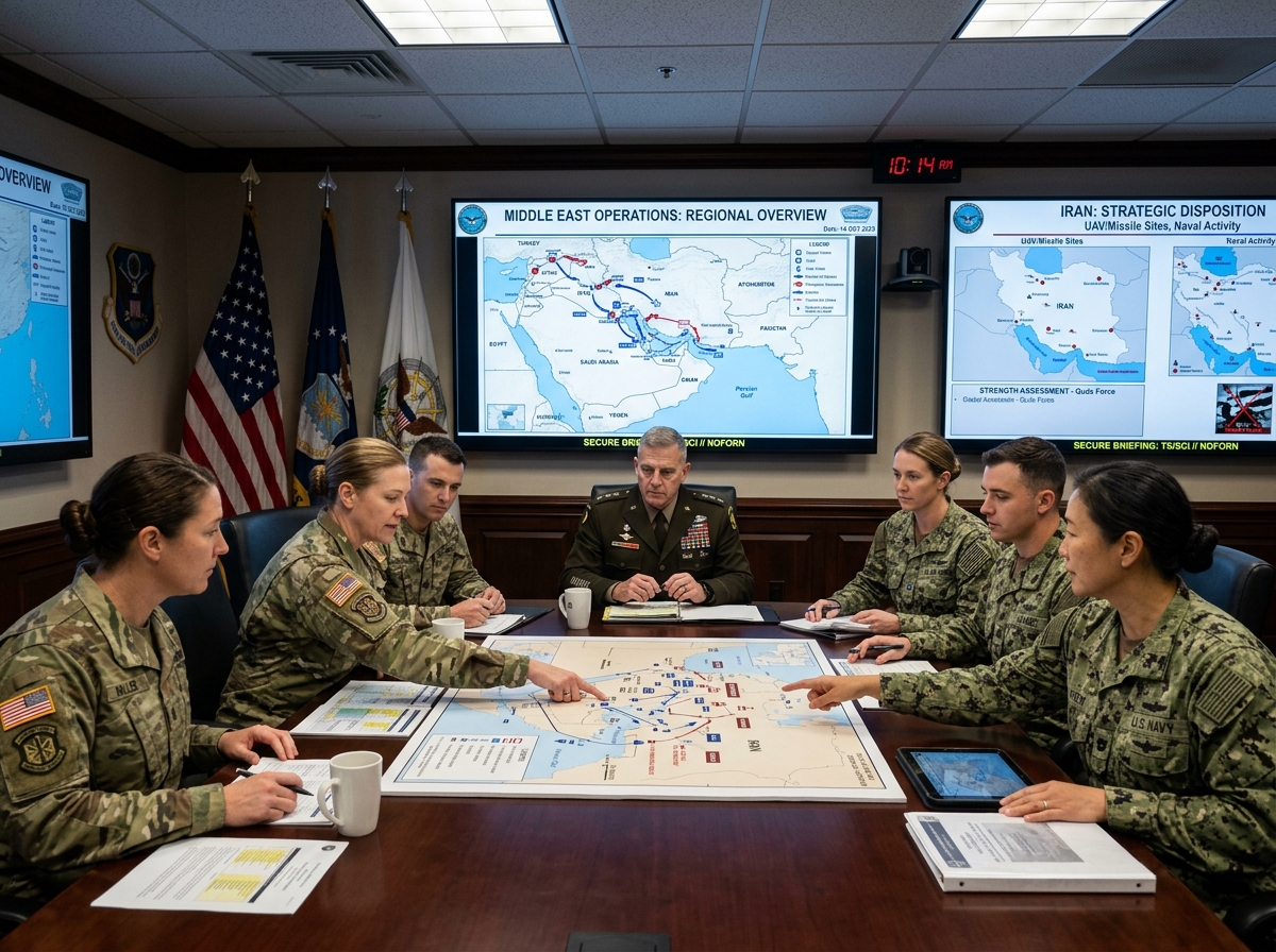 U.S. Military briefing room with officers discussing Middle East strategic movements - Are Army Rangers Operating in Iran Now
