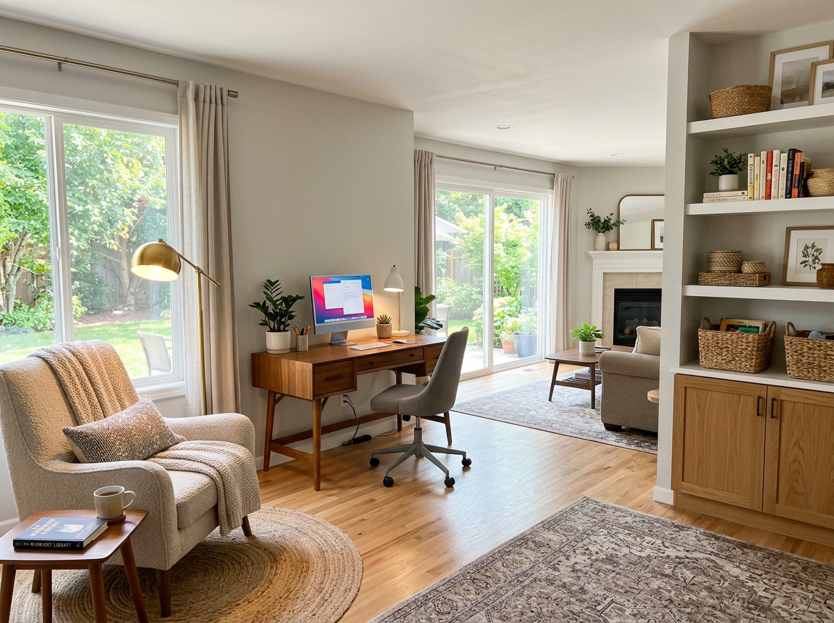 A room divided into functional zones like a reading corner, a workspace, and a storage area - adhd organisation tips