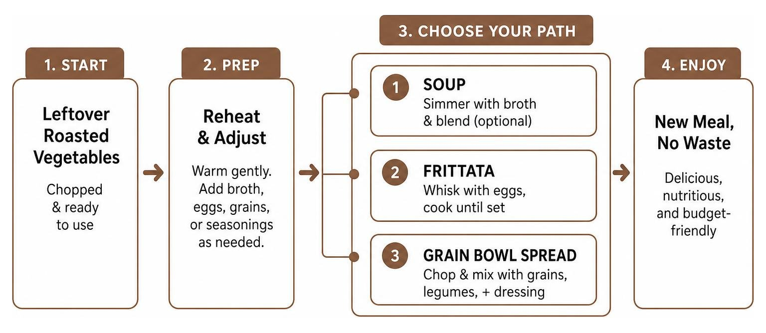 Process flow of converting leftover roasted vegetables into soup, frittata, or grain bowl spreads Process flow of converting leftover roasted vegetables into soup, frittata, or grain bowl spreads