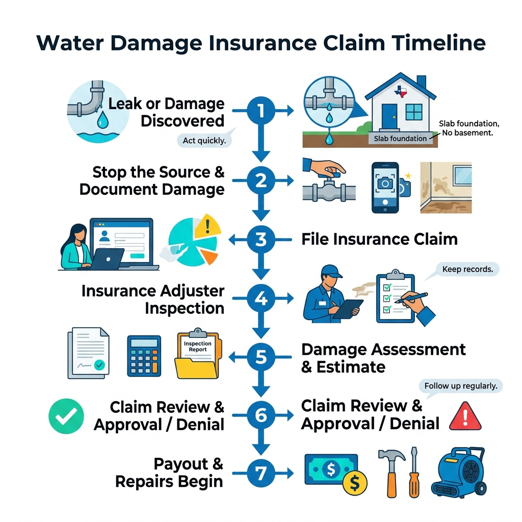 Step-by-step infographic of the water damage insurance claim timeline from leak discovery to payout - claiming home