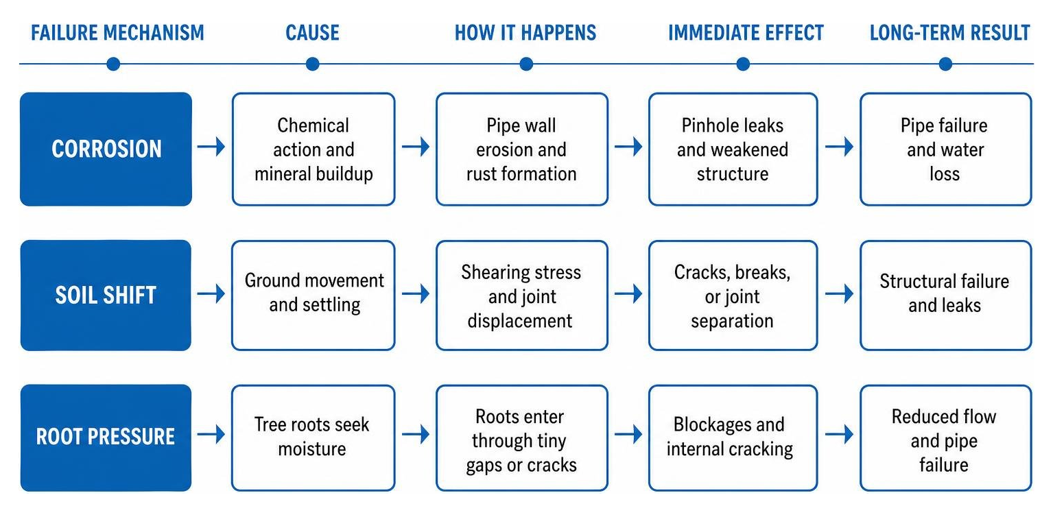 cause and effect framework of underground pipe failure mechanisms including corrosion, soil shift, and root pressure cause and effect framework of underground pipe failure mechanisms including corrosion, soil shift, and root pressure