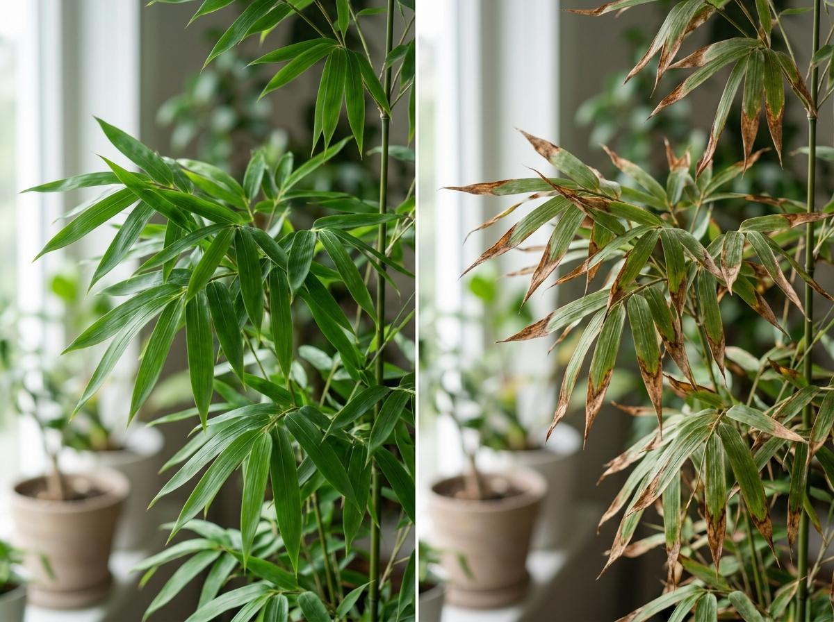 Healthy green bamboo leaves vs scorched brown tips - bamboo care indoor Healthy green bamboo leaves vs scorched brown tips - bamboo care indoor