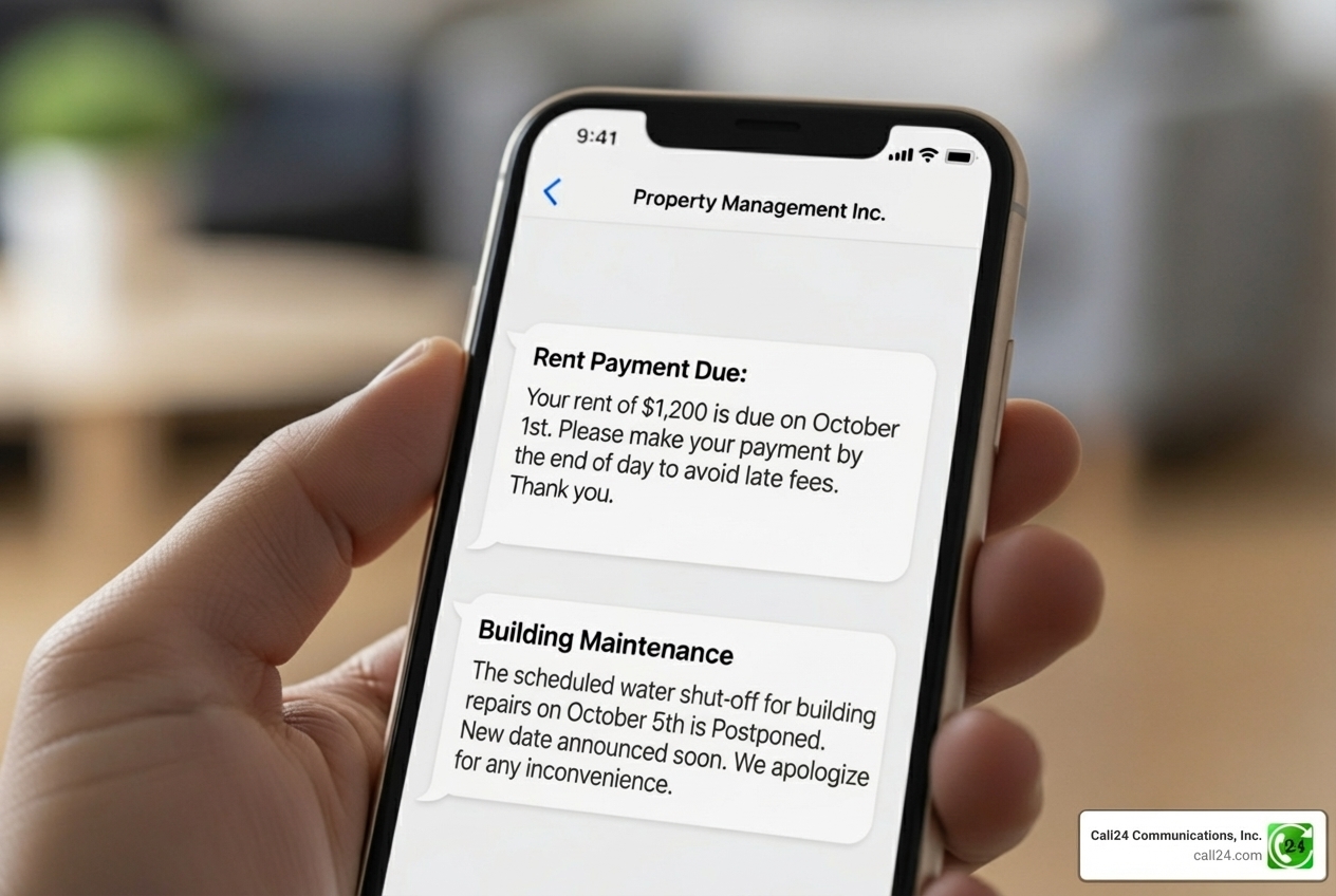 Smartphone screen showing automated text message reminders for rent and maintenance - property management messaging service
