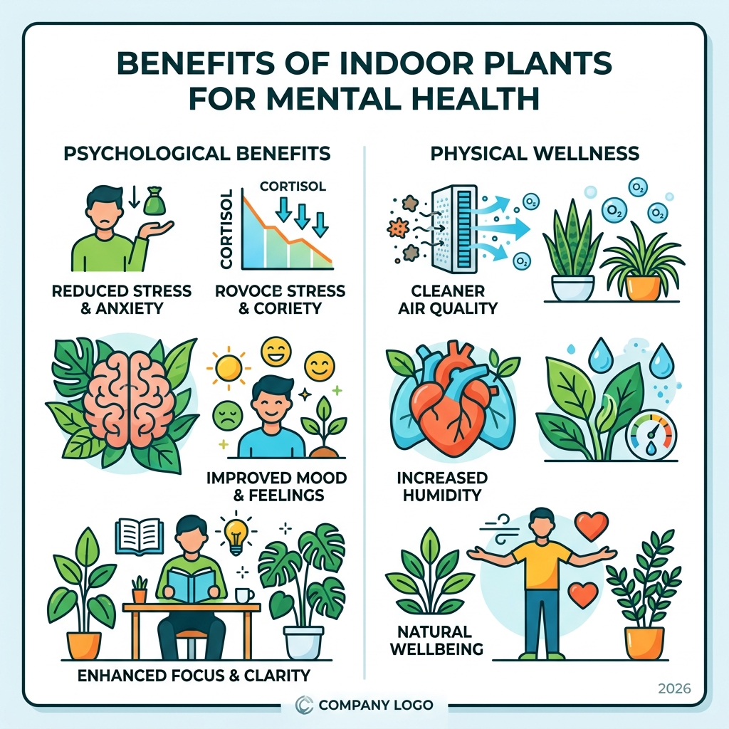Infographic showing psychological and physical benefits of indoor plants for mental health - indoor plants for mental health Infographic showing psychological and physical benefits of indoor plants for mental health - indoor plants for mental health