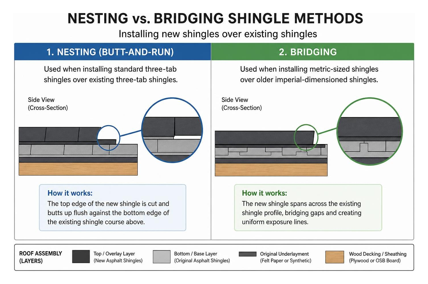 Diagram of nesting versus bridging shingle methods