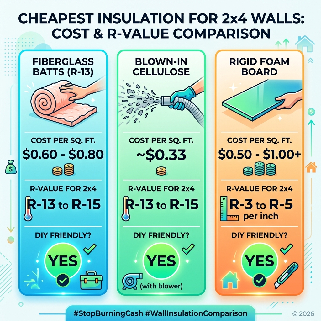 Cost and R-value comparison of cheapest insulation types for 2x4 walls - cheapest insulation for 2x4 walls infographic 