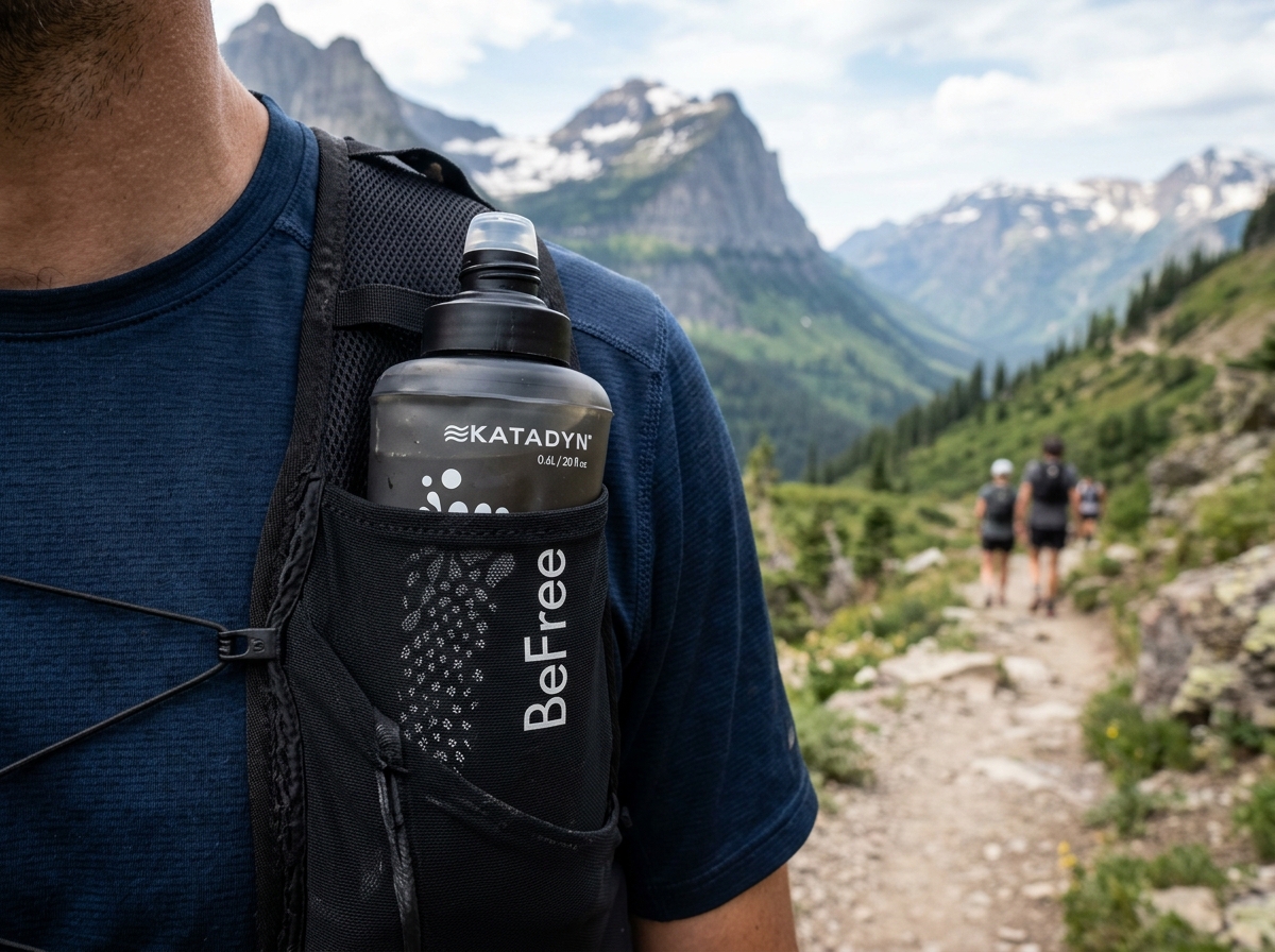 A compact water filter fitting into a running vest front pocket - trail running water filter