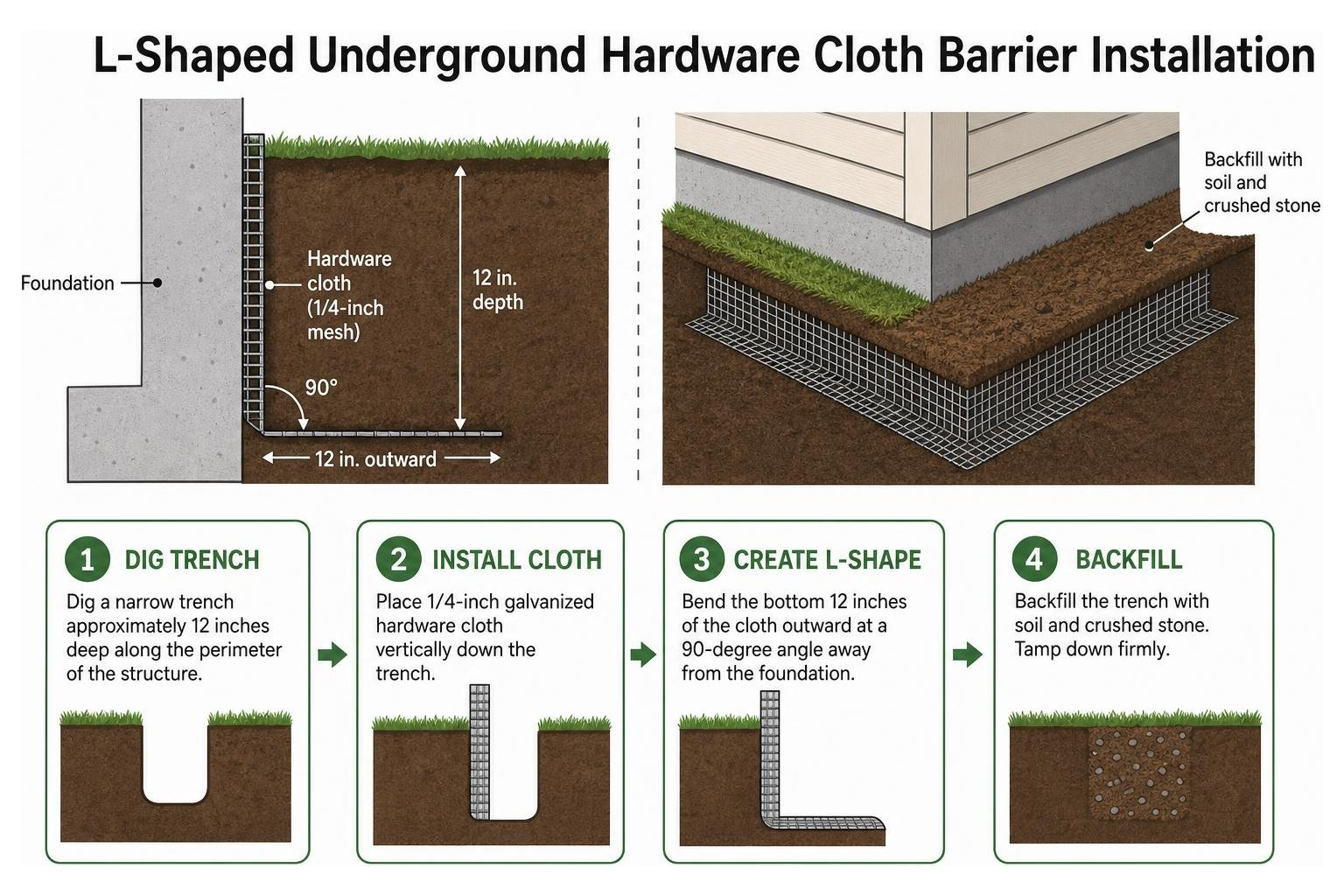 L-shaped underground hardware cloth barrier installation L-shaped underground hardware cloth barrier installation