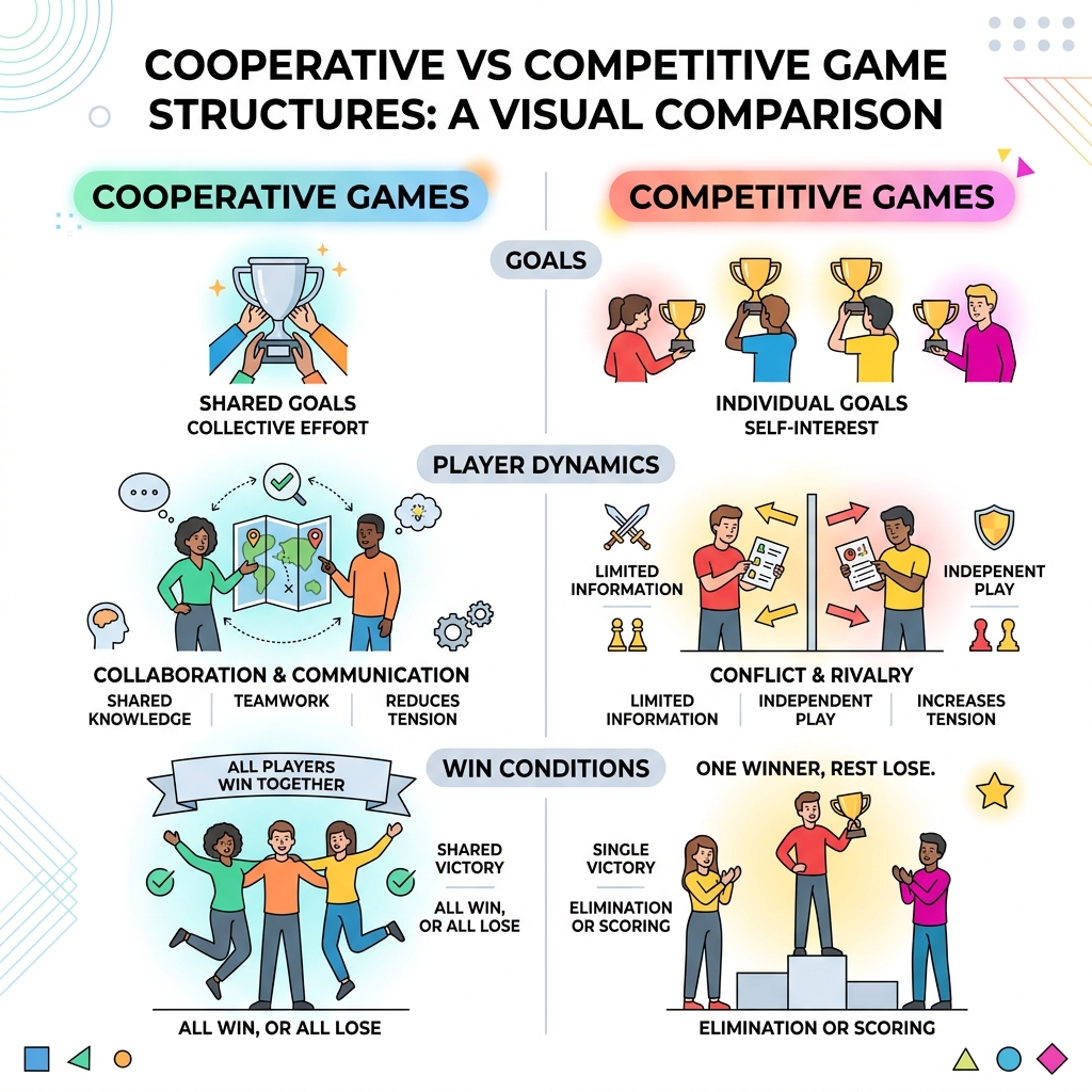 Cooperative vs competitive game structure infographic comparing goals, player dynamics, and win conditions - cooperative