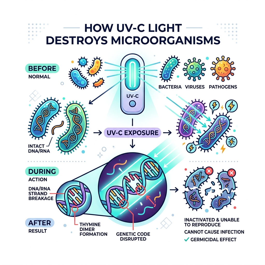How UV-C light destroys microorganisms DNA RNA infographic - portable uv light purifier infographic 