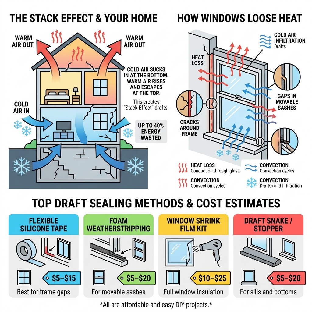 Infographic showing the stack effect, window heat loss, and top draft sealing methods with cost estimates - draft seal Infographic showing the stack effect, window heat loss, and top draft sealing methods with cost estimates - draft seal