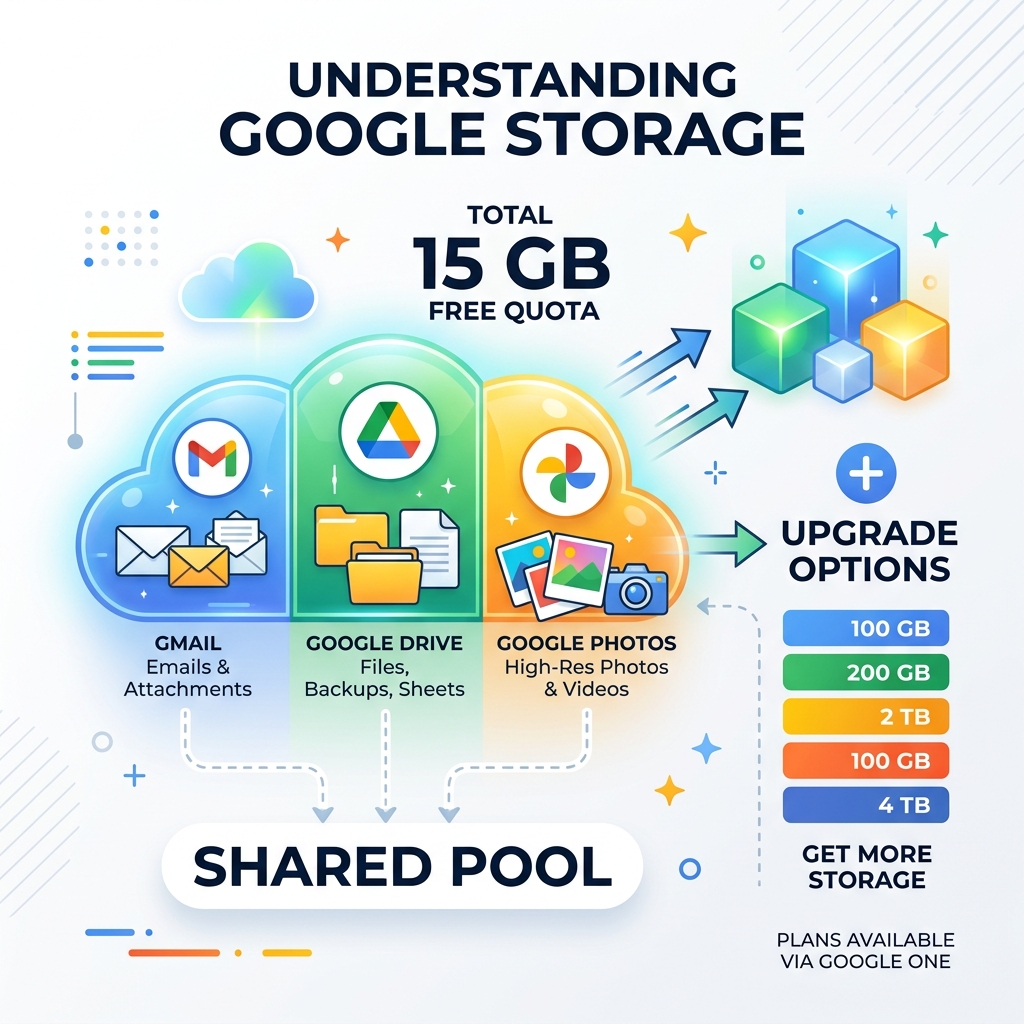 Google storage ecosystem infographic showing 15GB free quota shared across Gmail, Drive, and Photos with upgrade options