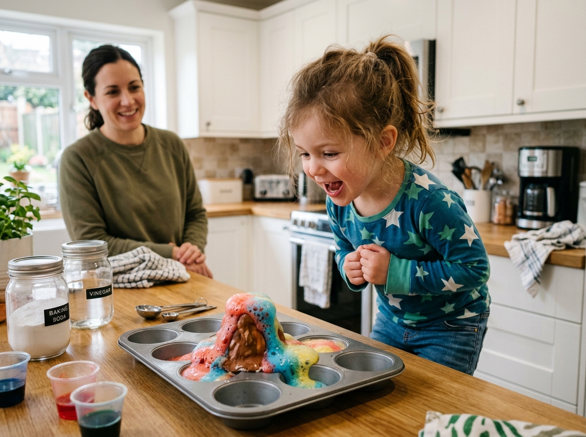 A preschooler happily watching a muffin tin volcano fizz with bright colors - easy experiments for 4 year olds