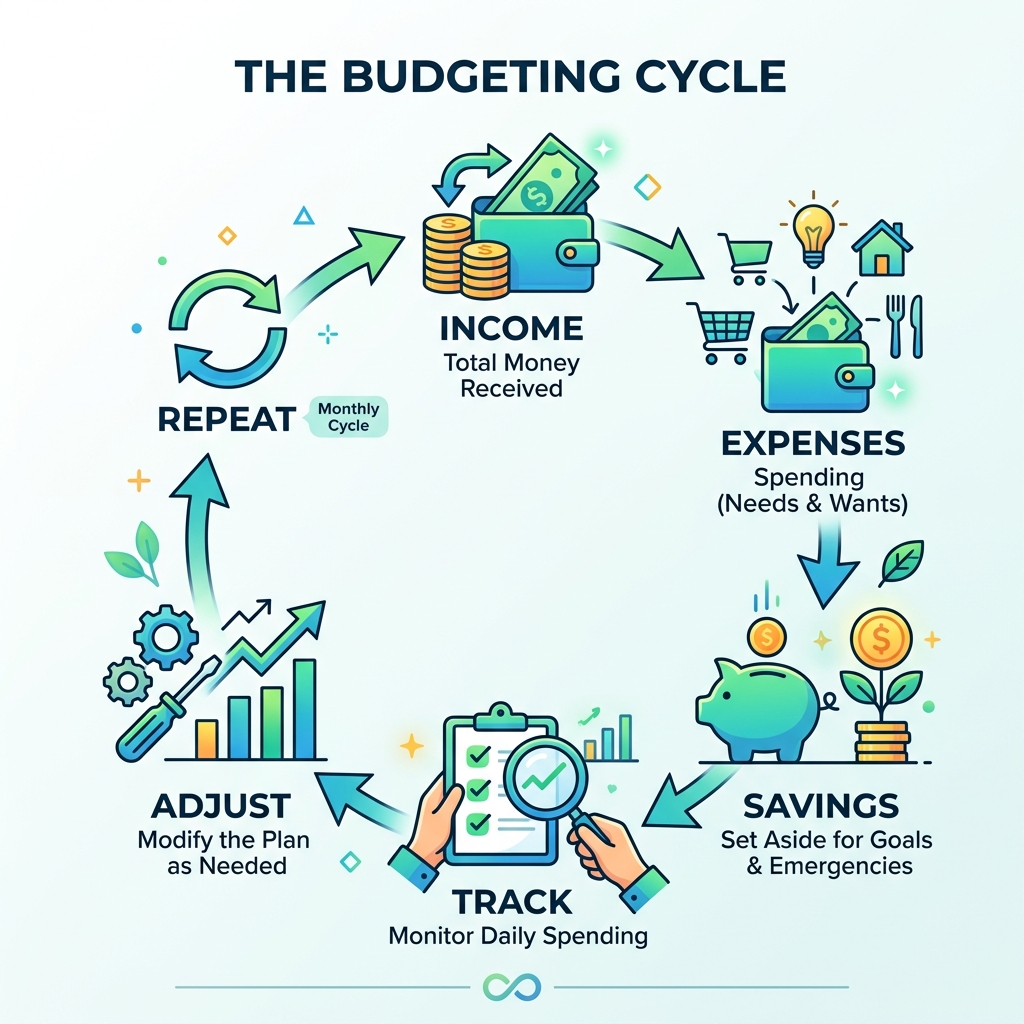 Budgeting cycle infographic: income, expenses, savings, track, adjust, repeat - beginners guide to budgeting infographic 