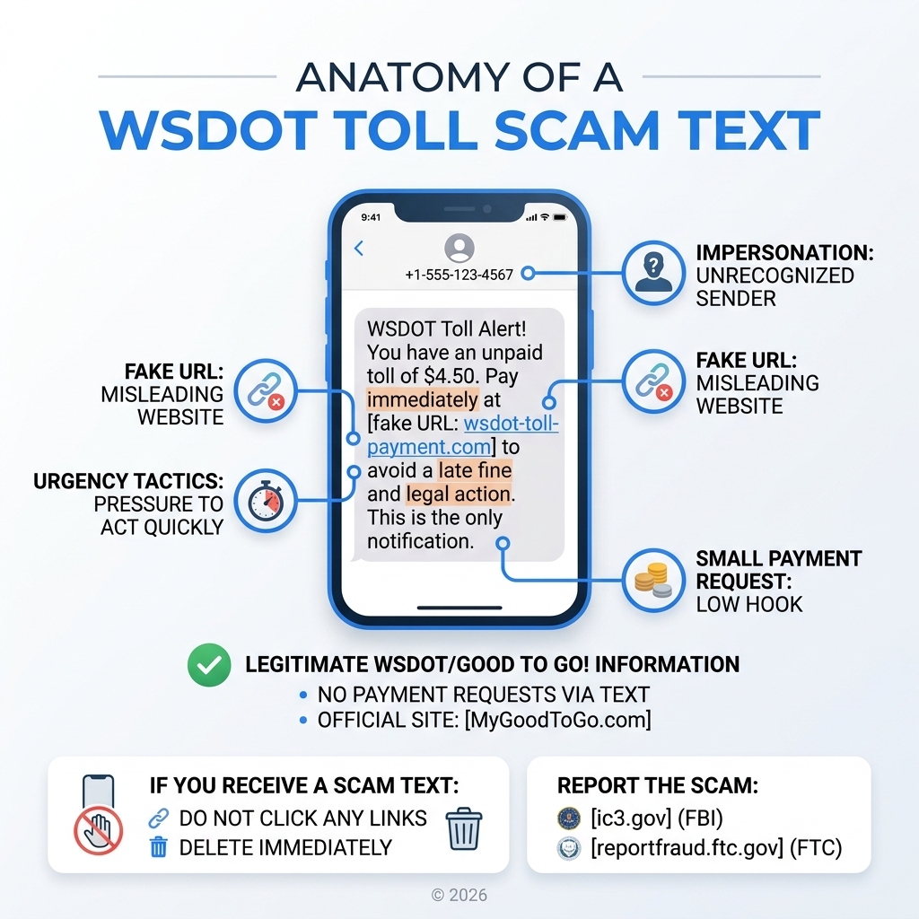 Anatomy of a WSDOT toll scam text showing fake URL, urgency tactics, small payment request, and impersonation red flags Anatomy of a WSDOT toll scam text showing fake URL, urgency tactics, small payment request, and impersonation red flags