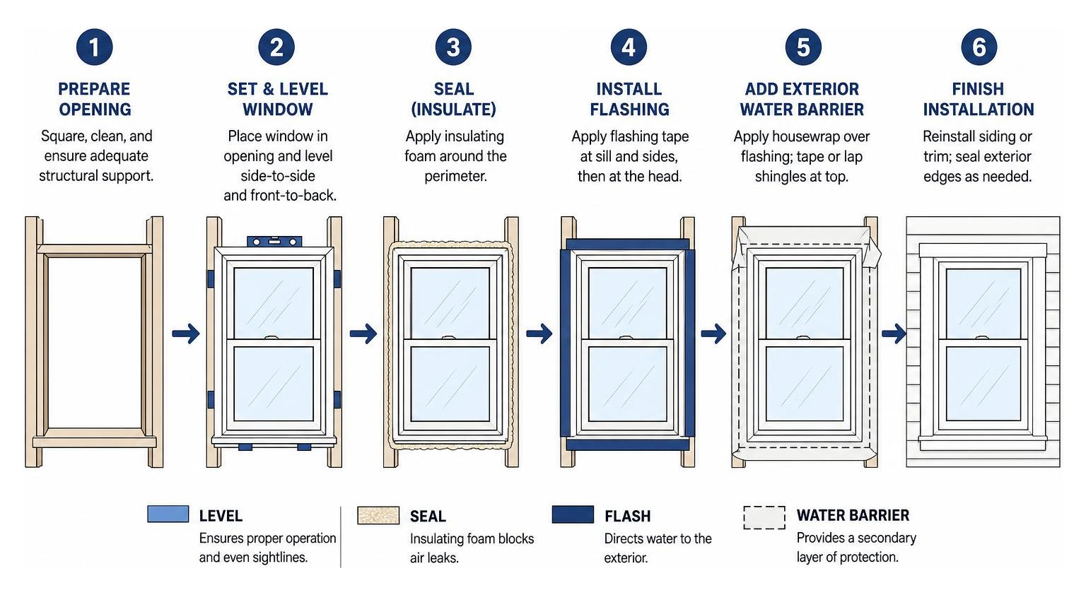 Window installation process diagram showing the proper sealing, flashing, and leveling steps for a single hung window frame Window installation process diagram showing the proper sealing, flashing, and leveling steps for a single hung window frame