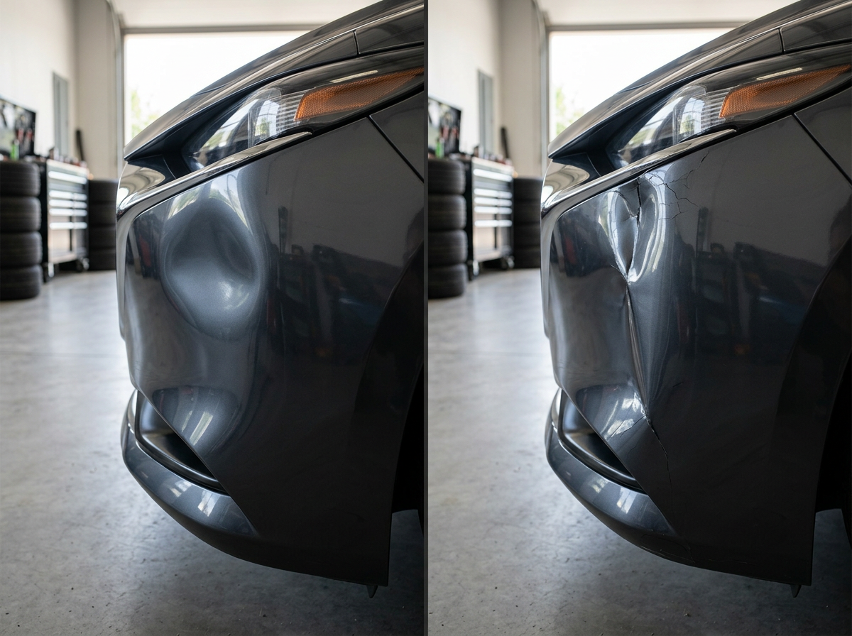 comparison of a smooth shallow bumper dent to a sharp plastic crease Comparison Of A Smooth Shallow Bumper Dent To A Sharp Plastic Crease