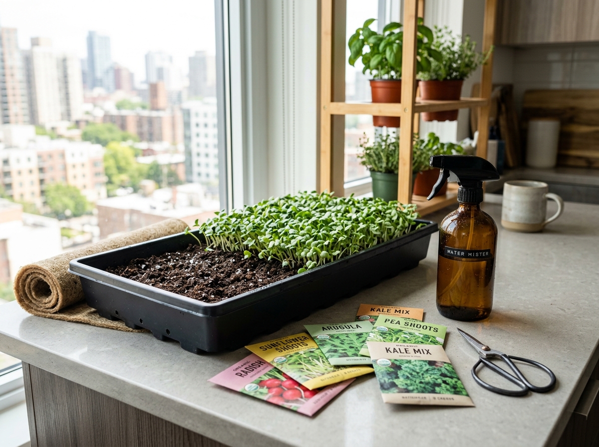 Essential microgreen tools including tray, soil, seeds, and spray bottle - urban microgreens gardening basics