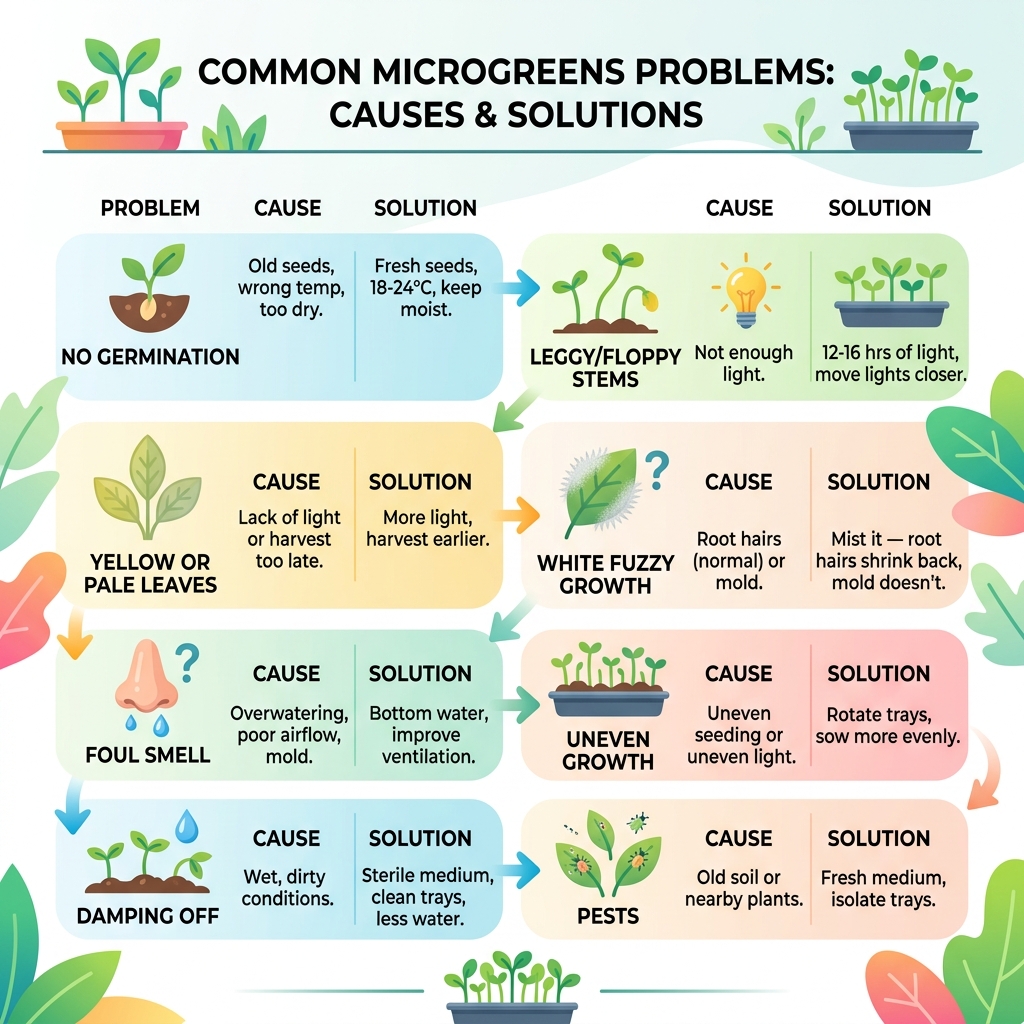 Common microgreens problems from seed to harvest with causes and solutions infographic - microgreens troubleshooting Common microgreens problems from seed to harvest with causes and solutions infographic - microgreens troubleshooting