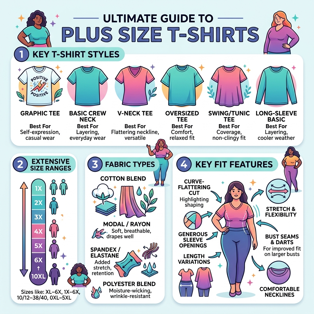 Infographic showing plus size t-shirt styles, size ranges, fabric types, and fit features - all plus size t shirts Infographic showing plus size t-shirt styles, size ranges, fabric types, and fit features - all plus size t shirts