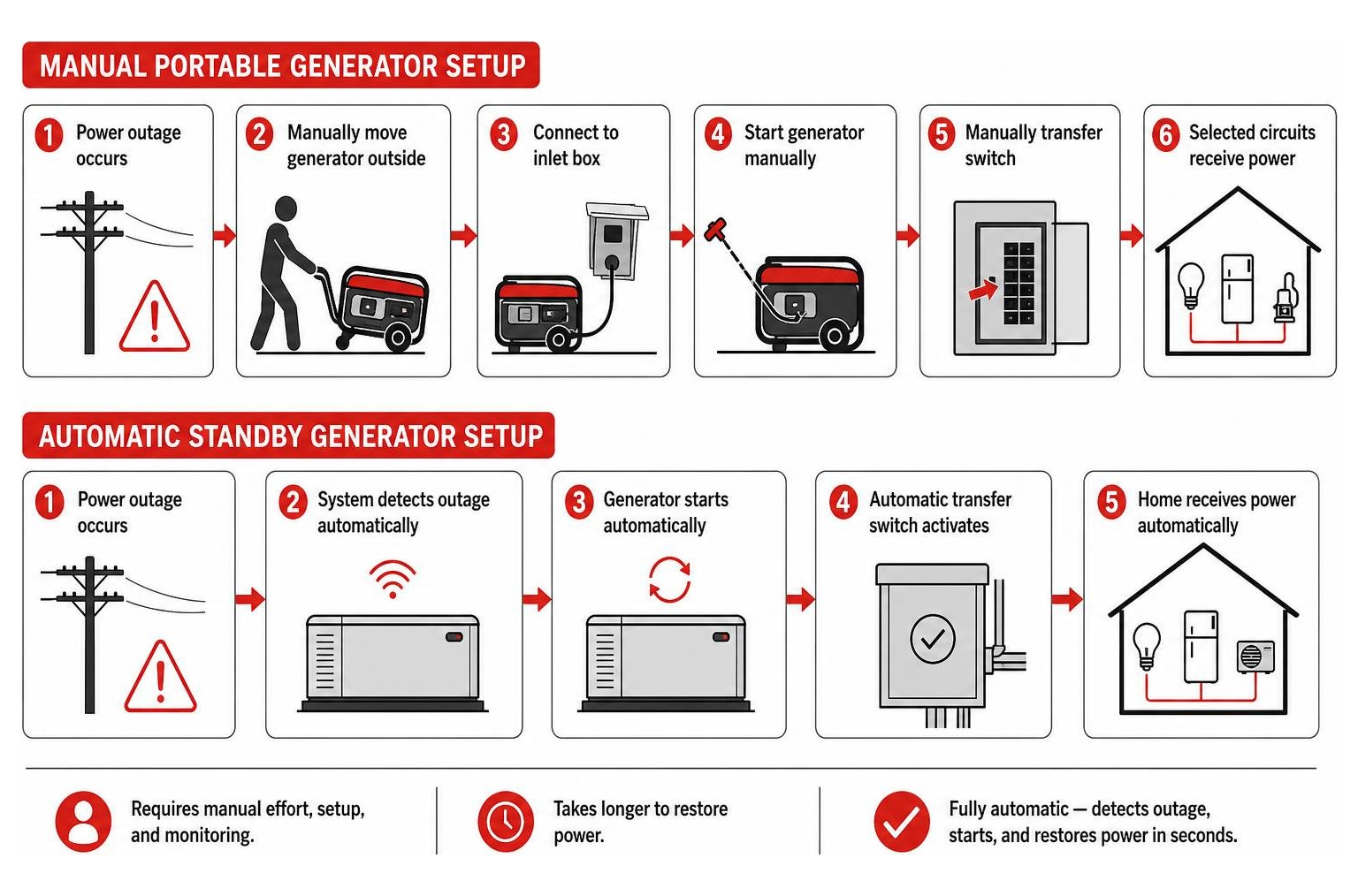 diagram showing the difference between a manual portable generator setup and an automatic standby generator setup